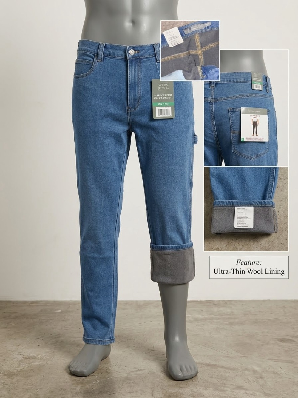 Slim Fit Men's Blue Jeans with Ultra-Thin Wool Lining